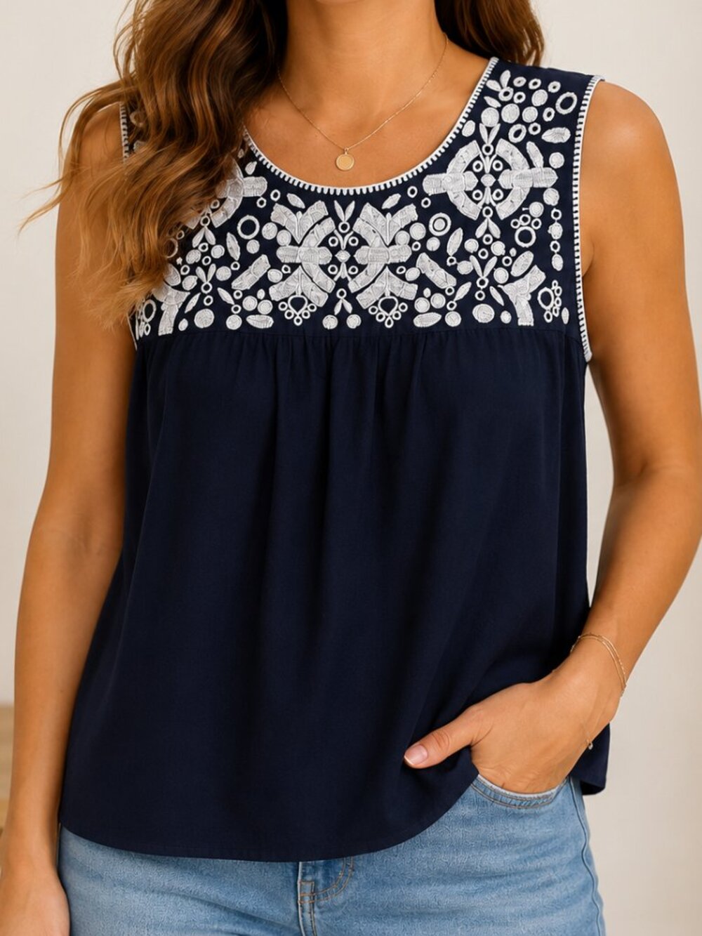 Banana Republic Navy Embroidered Sleeveless Blouse Women's Size M